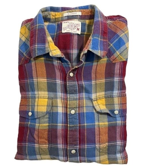 Lucky Brand shirt men's M yellow red blue plaid long sleeve snap front - Picture 1 of 5